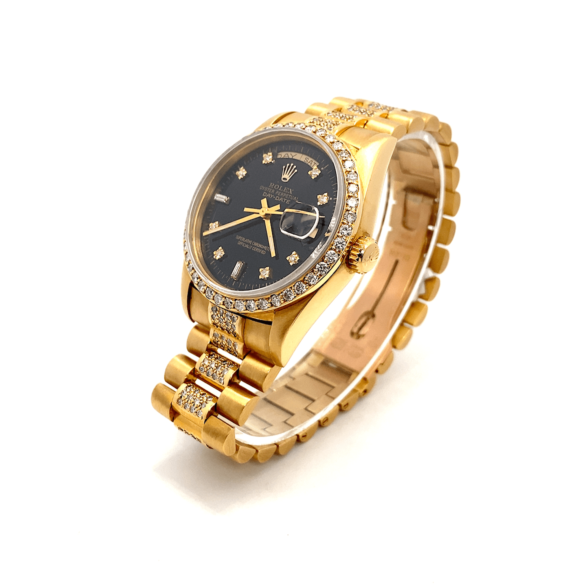 36 mm 18K Day Date Presidential – Black Diamond Dial – Half Iced Presidential Band