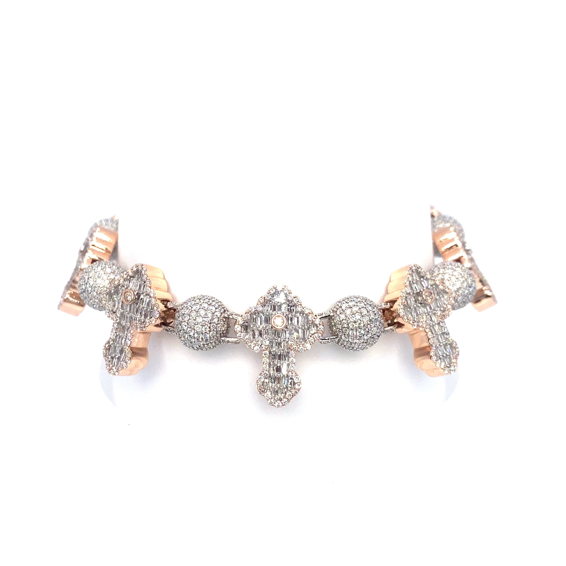 10K Ball and Cross Baguette Diamond Bracelet