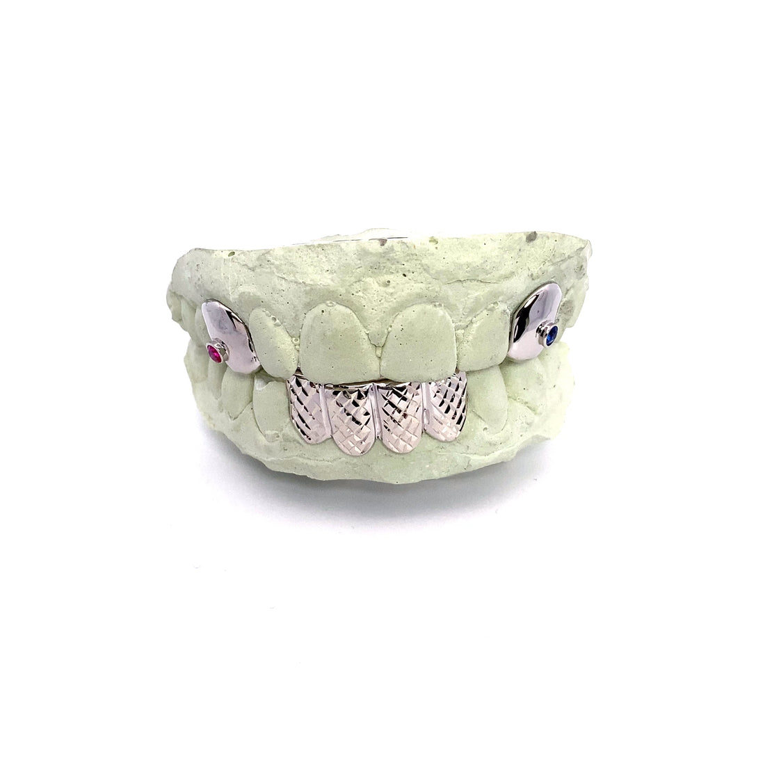 Blue & Red Single Diamond Grillz with Diamond Cuts – 2 Top – 4 Bottom